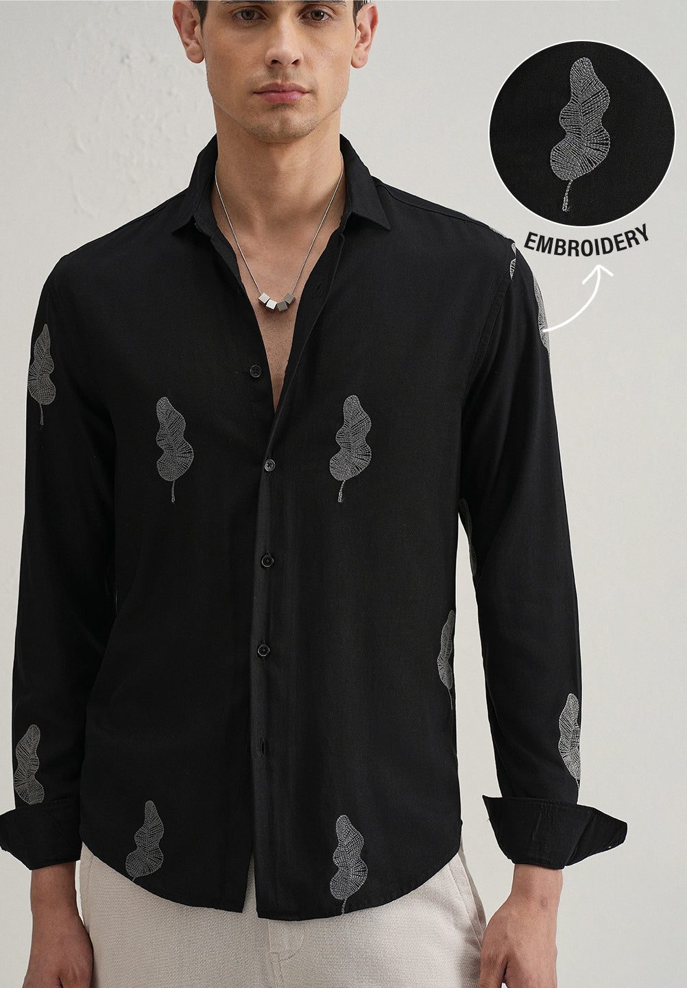 Black Grey Leaf Motif Embroidery Shirt