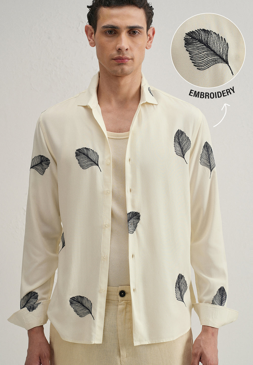 Cream Feather Embroidery Shirt