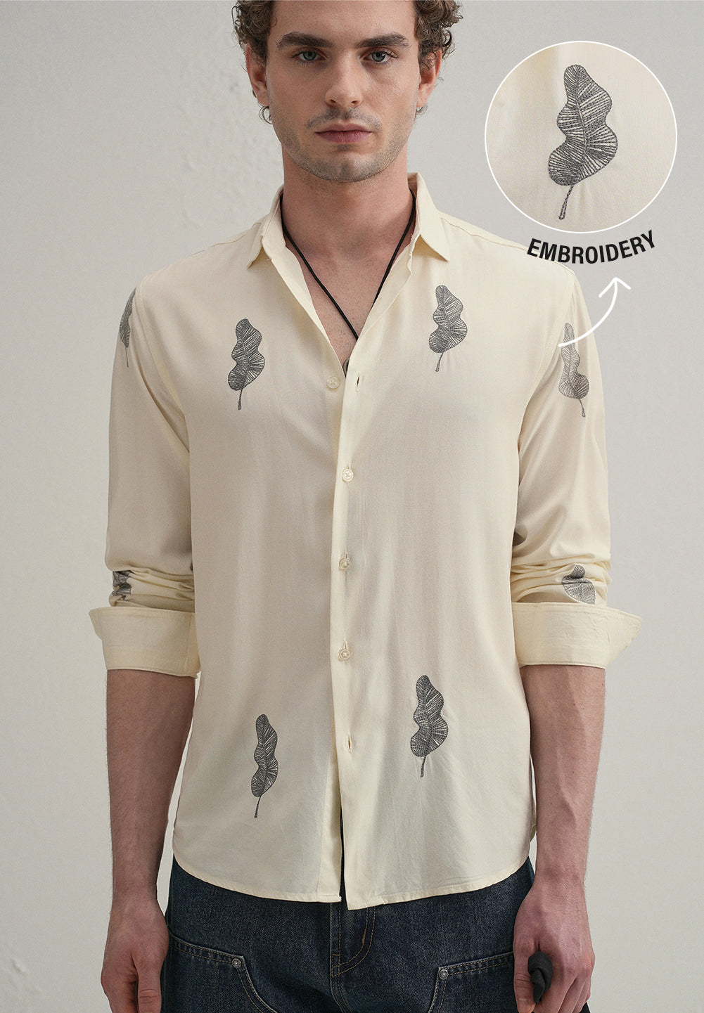 Cream Grey Leaf Motif Embroidery Shirt