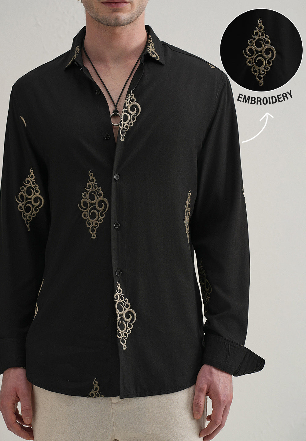 Black Circular Motif Embroidery Shirt