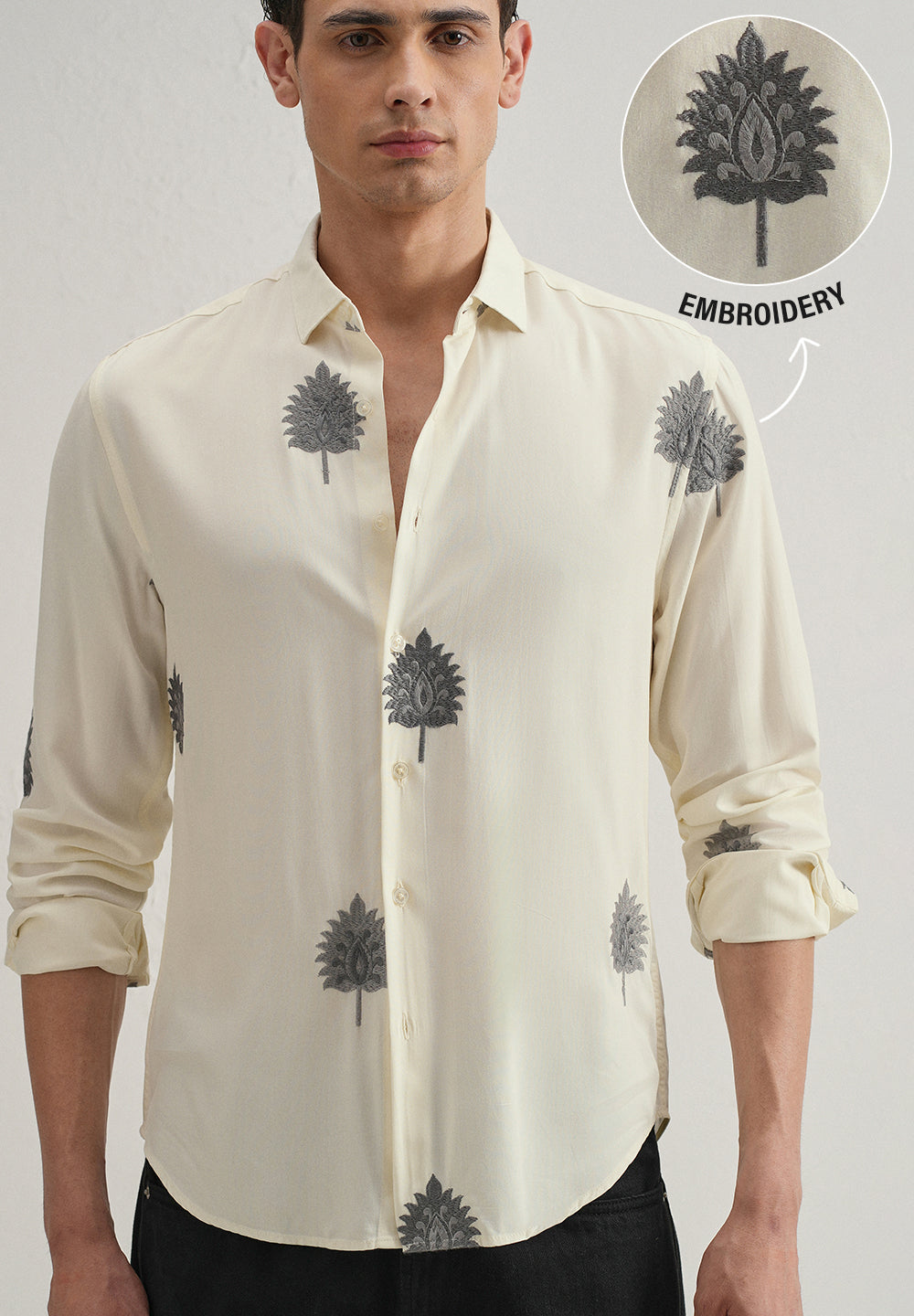Cream Ethnic Motif Embroidery Shirt