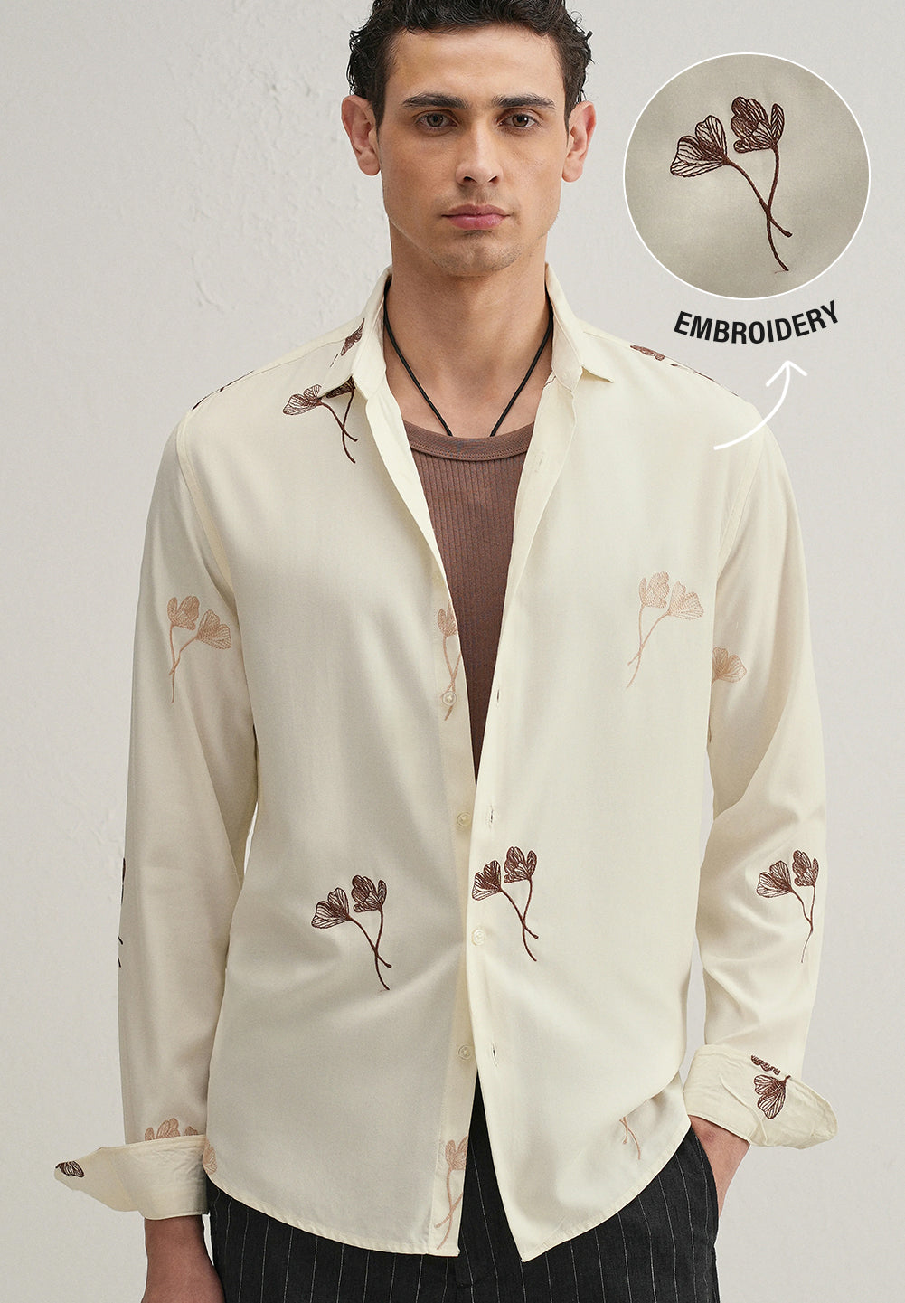 Cream Floral Motif Embroidery Shirt