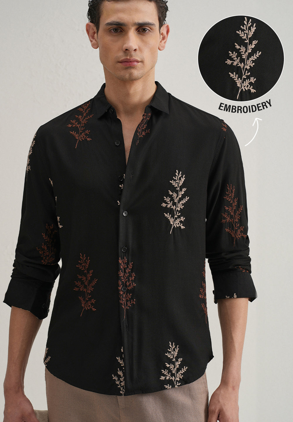 Black Botanical Embroidery Shirt