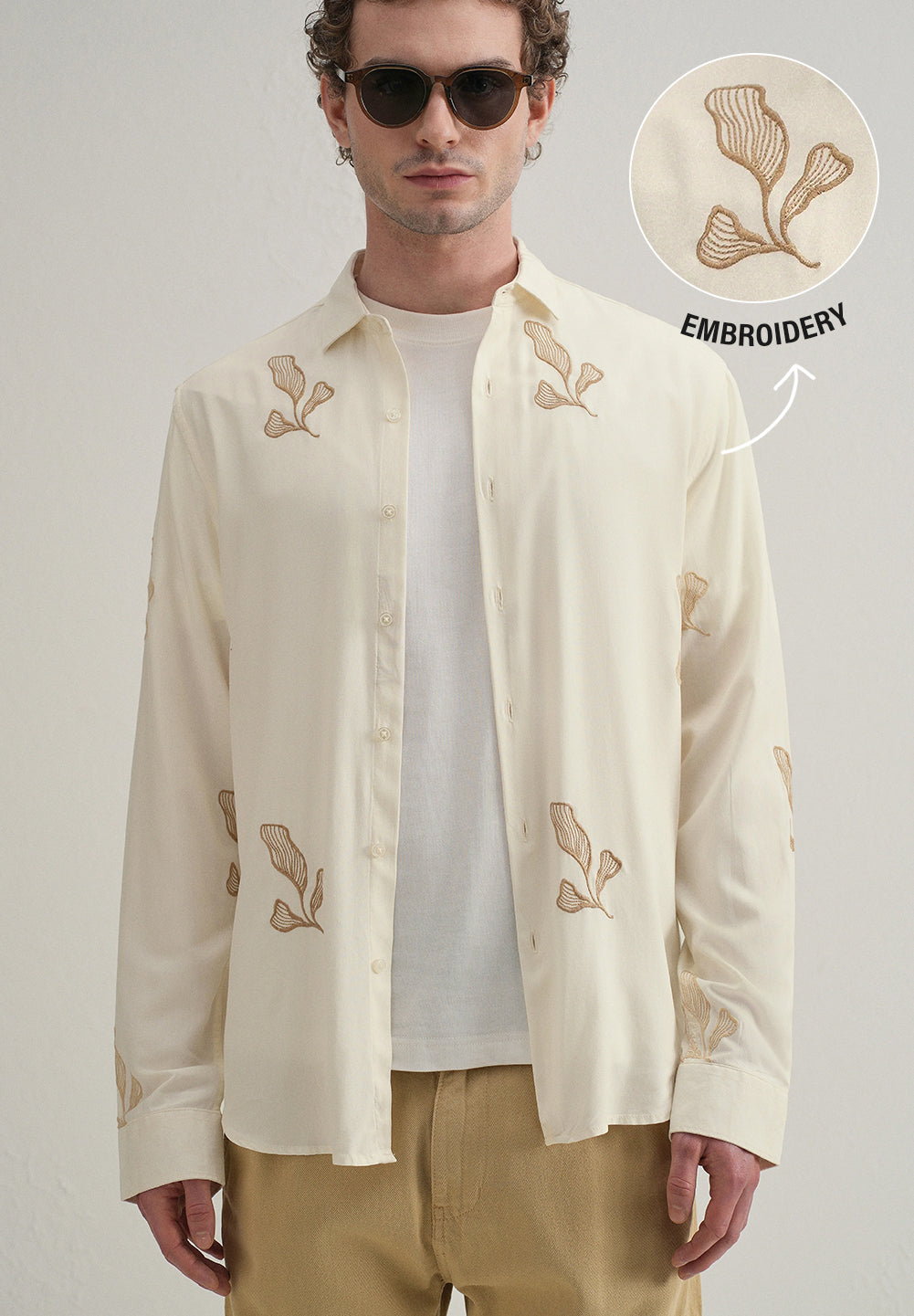 Cream Leaf Motif Embroidery Shirt