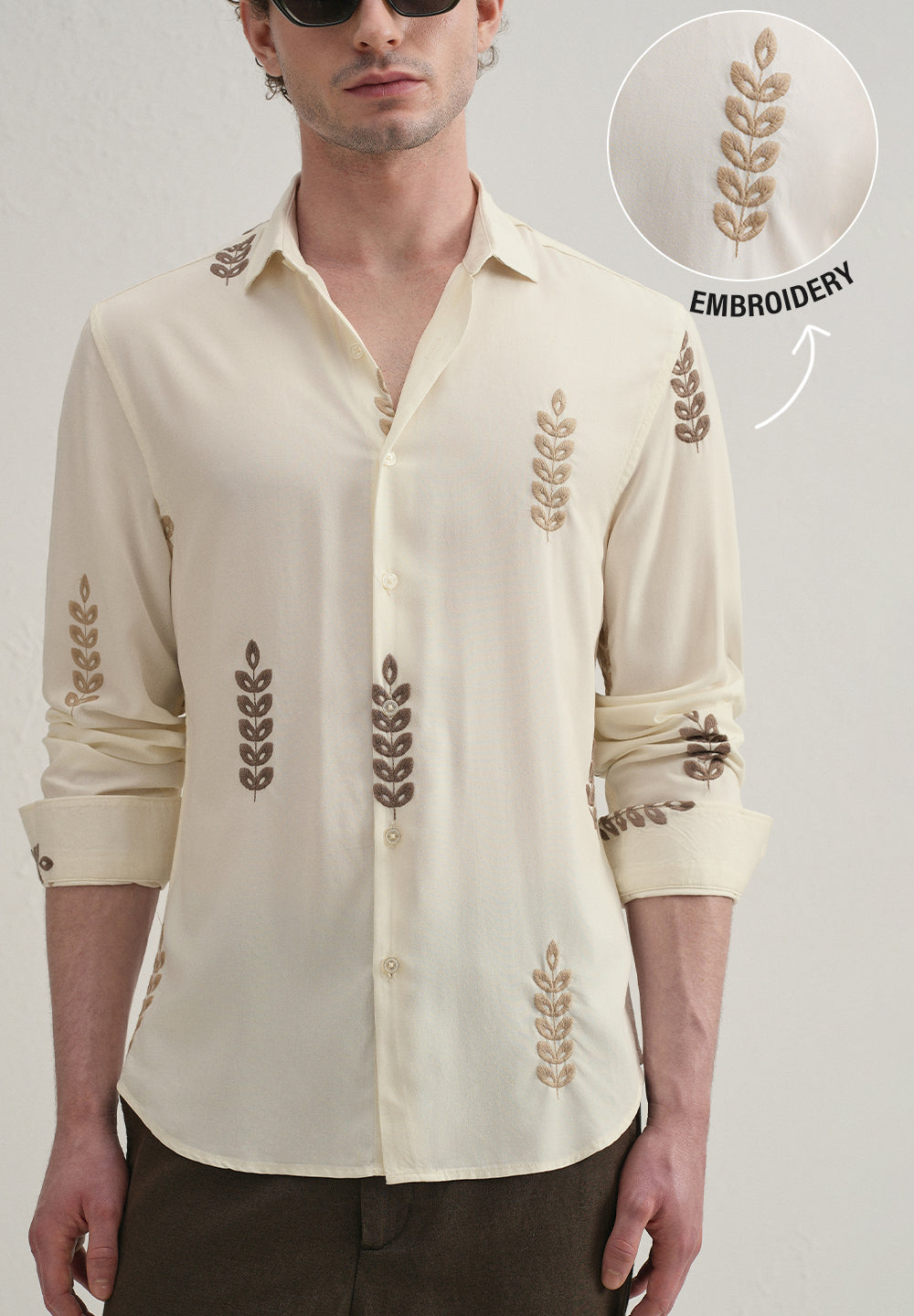 Cream Leaf Embroidery Shirt