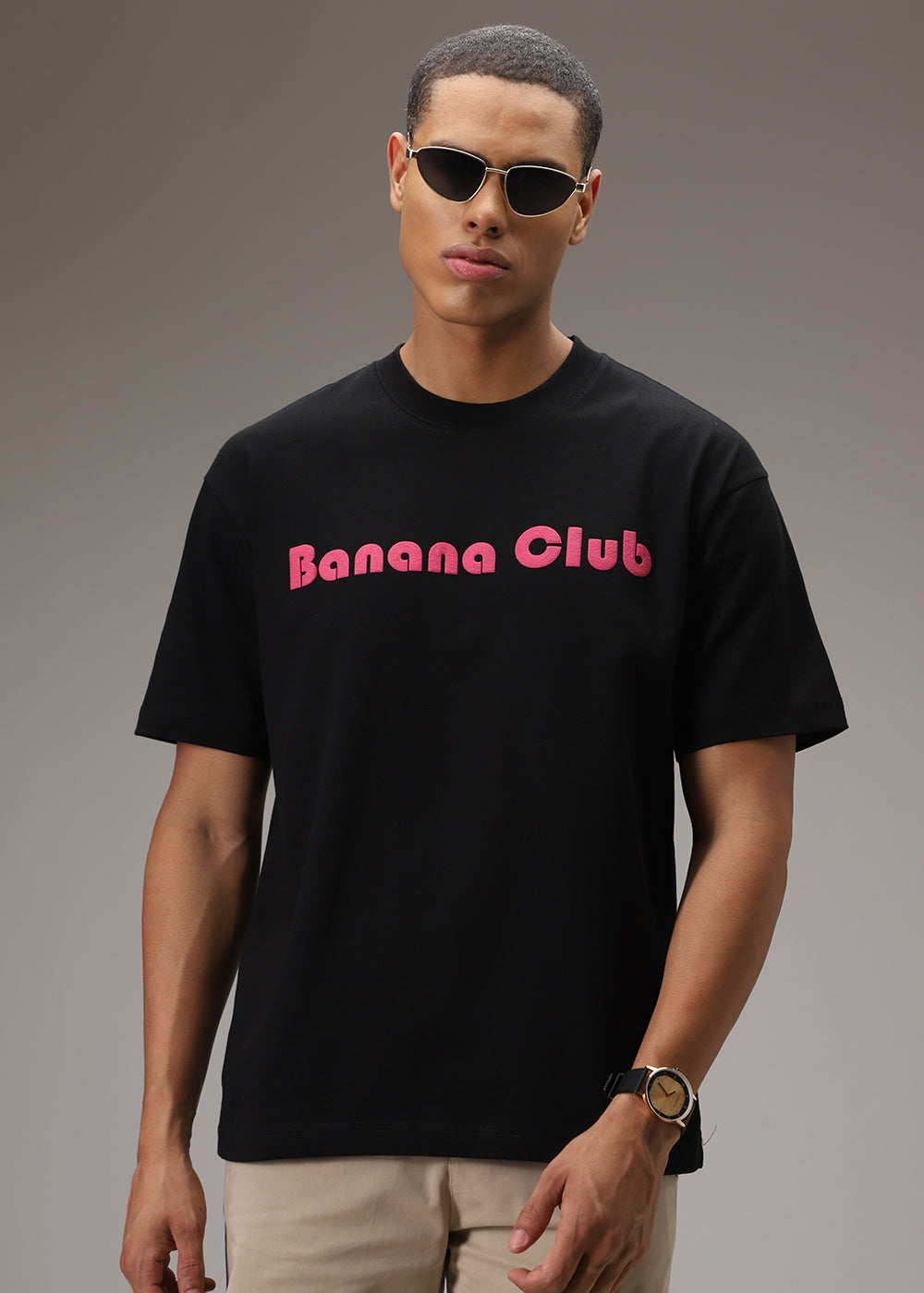 Banana Club Embossed Black Plain Oversized Fit T-shirt