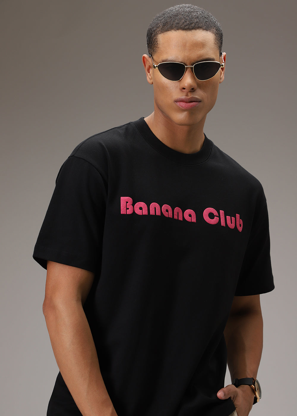 Banana Club Embossed Black Plain Oversized Fit T-shirt