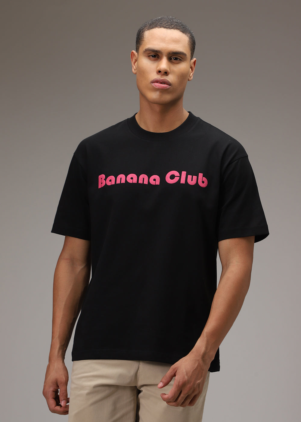 Banana Club Embossed Black Plain Oversized Fit T-shirt