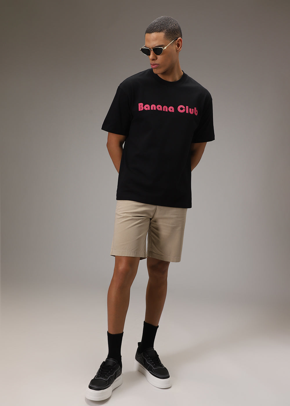 Banana Club Embossed Black Plain Oversized Fit T-shirt