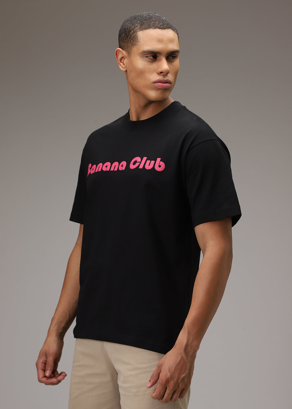 Banana Club Embossed Black Plain Oversized Fit T-shirt