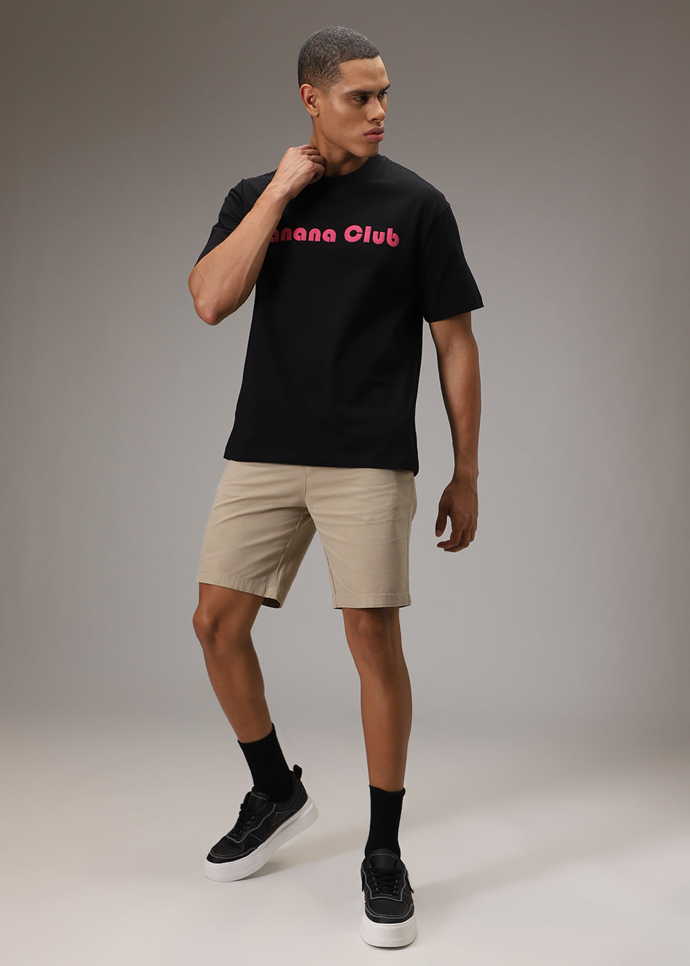 Banana Club Embossed Black Plain Oversized Fit T-shirt