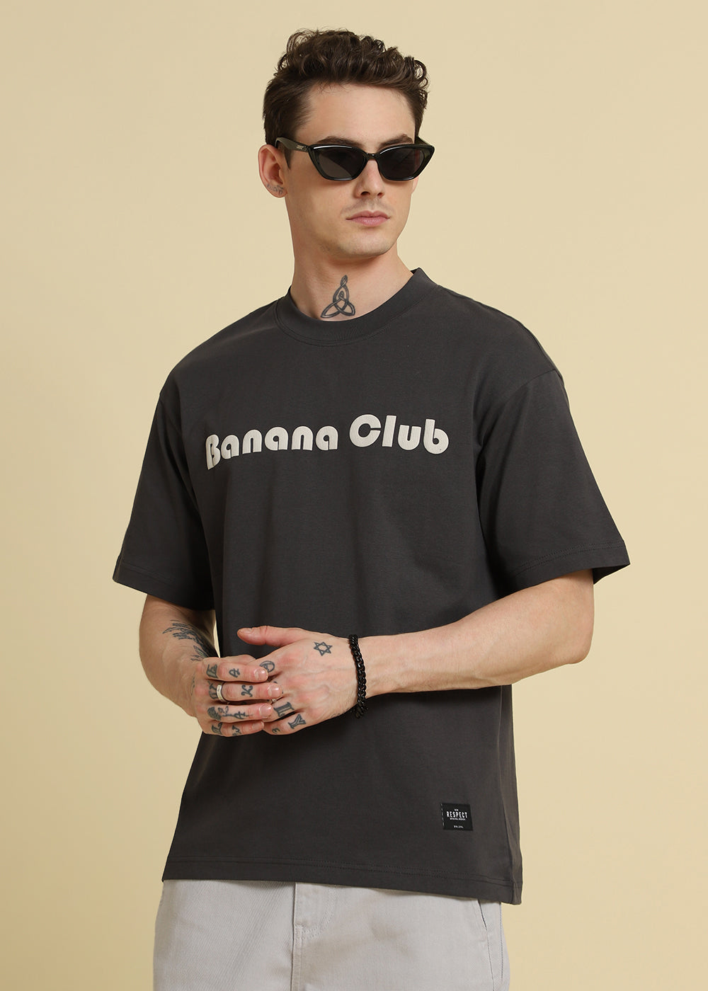 Banana Club Embossed Grey Plain Oversized Fit T-shirt