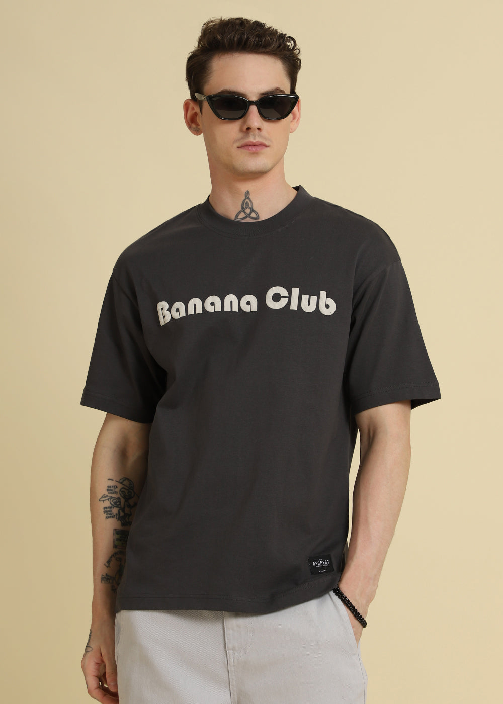 Banana Club Embossed Grey Plain Oversized Fit T-shirt