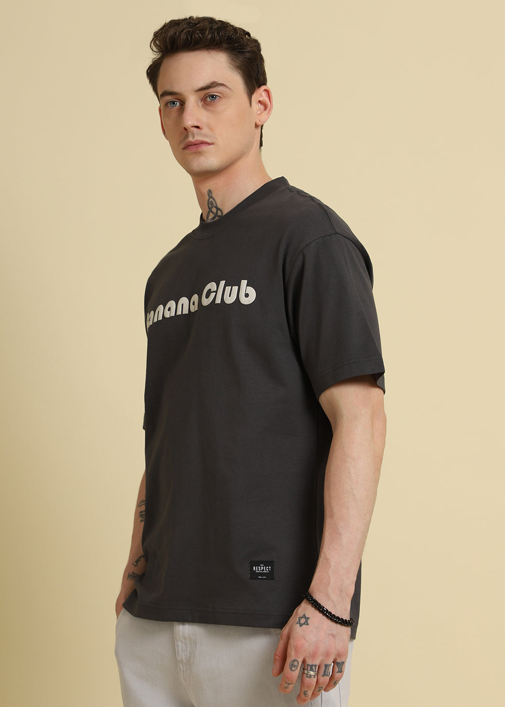 Banana Club Embossed Grey Plain Oversized Fit T-shirt