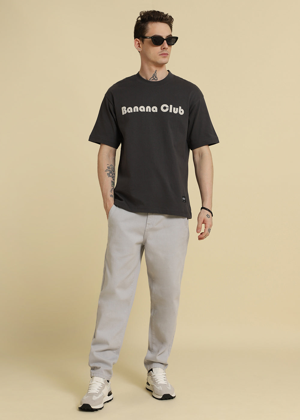 Banana Club Embossed Grey Plain Oversized Fit T-shirt