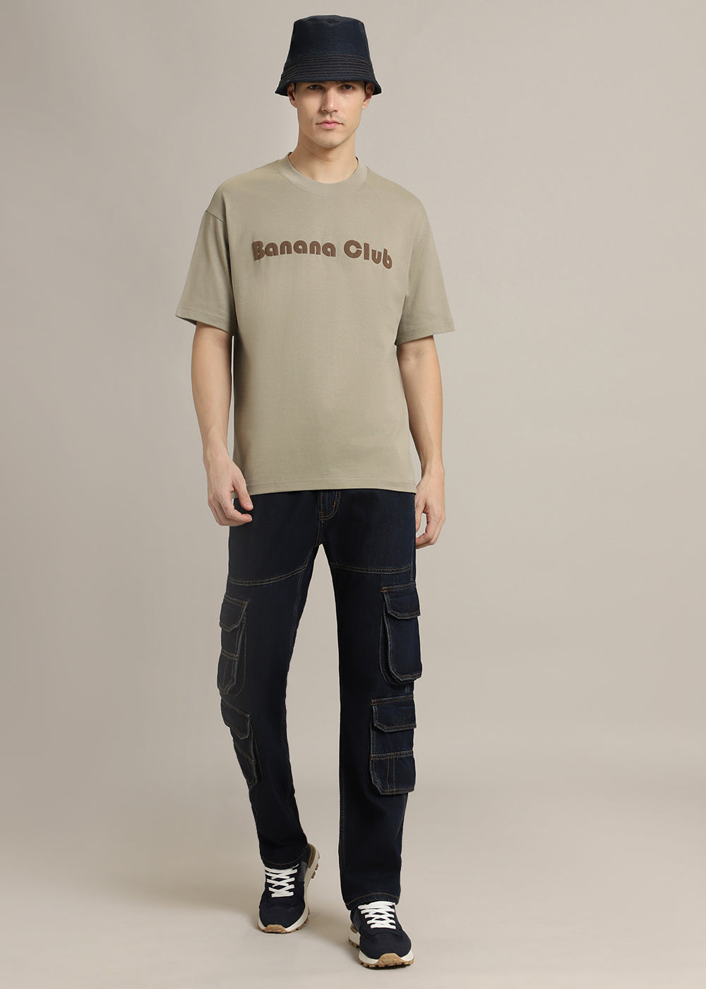 Banana Club Embossed Tan Plain Oversized Fit T-shirt