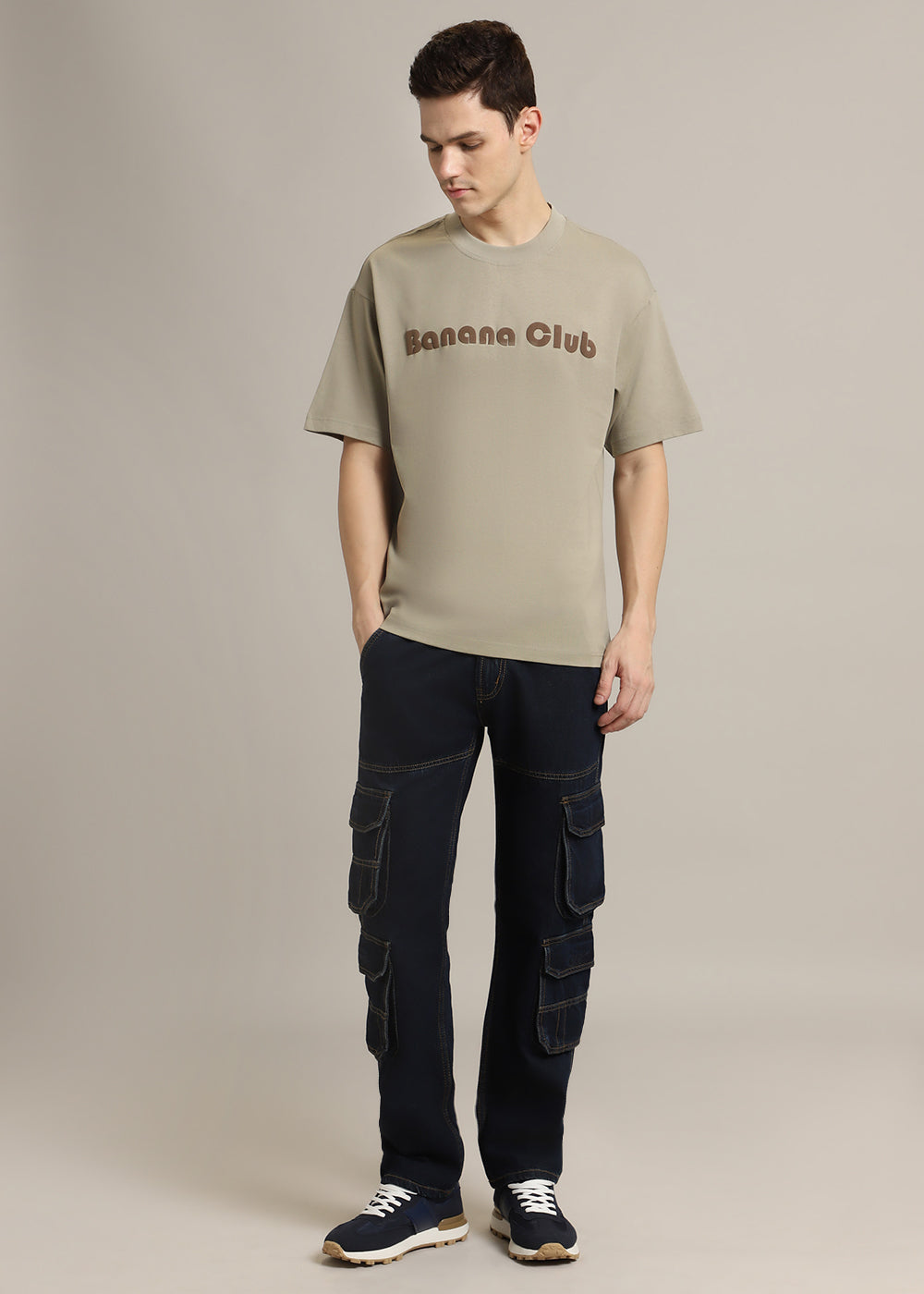 Banana Club Embossed Tan Plain Oversized Fit T-shirt