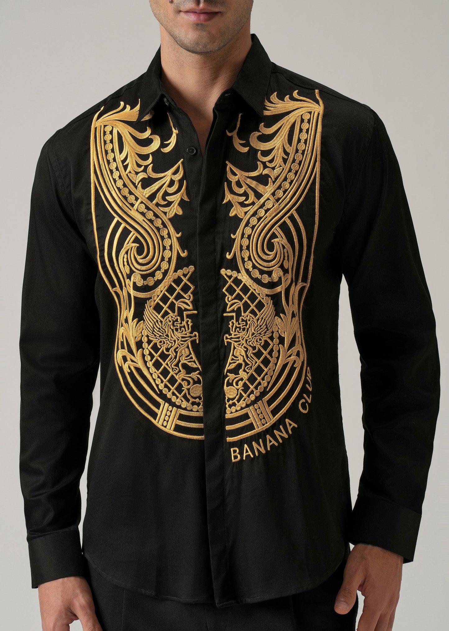 Gold Symmetric Embroidered Black Designer Shirt