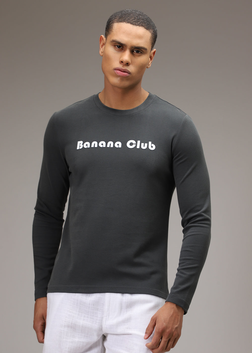 Banana Club Grey Plain Regular Fit T-shirt