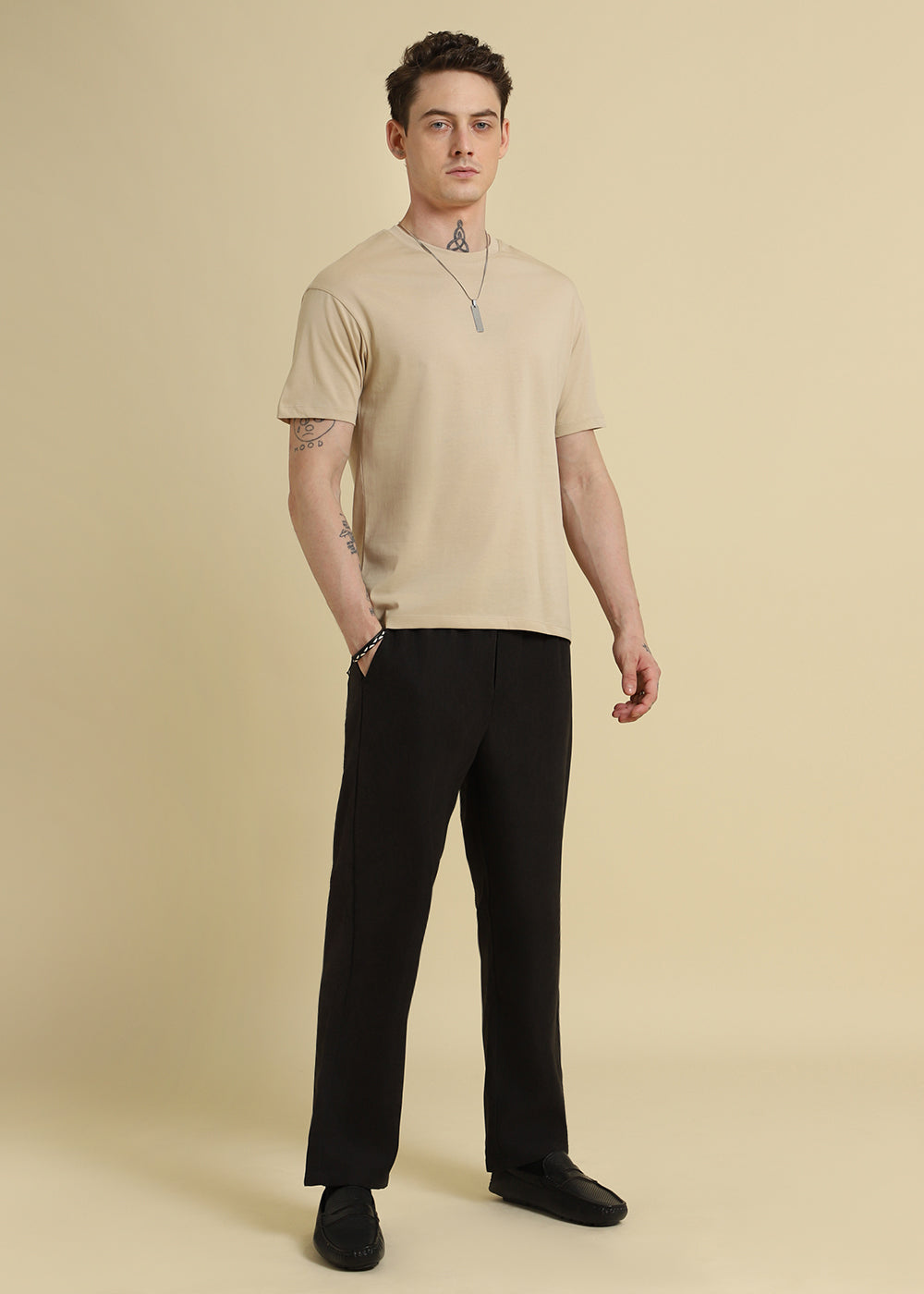 Beige Plain Basic Regular Fit T-shirt