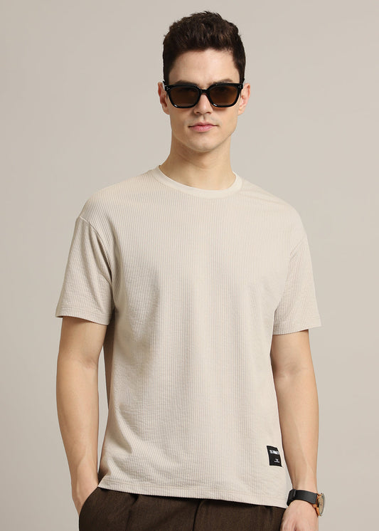 Beige Plain Ribbed Stripe Regular Fit T-shirt