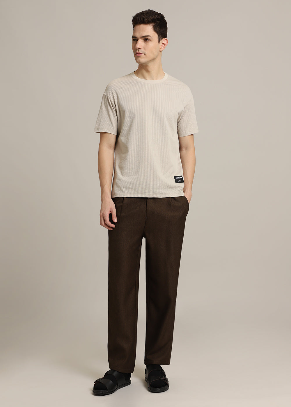 Beige Plain Ribbed Stripe Regular Fit T-shirt