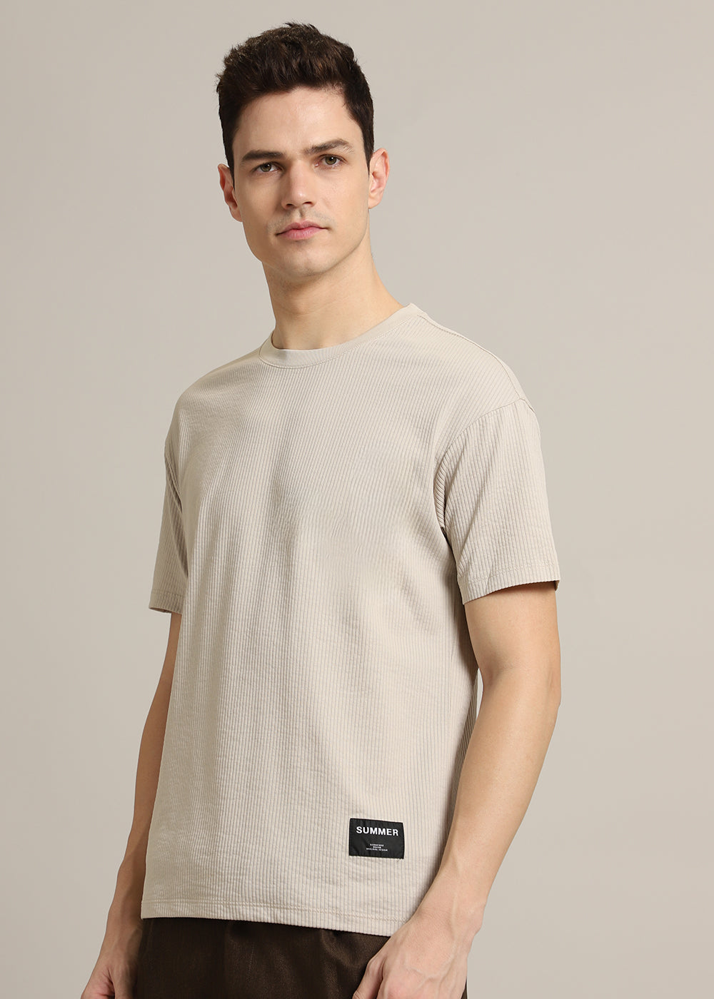 Beige Plain Ribbed Stripe Regular Fit T-shirt