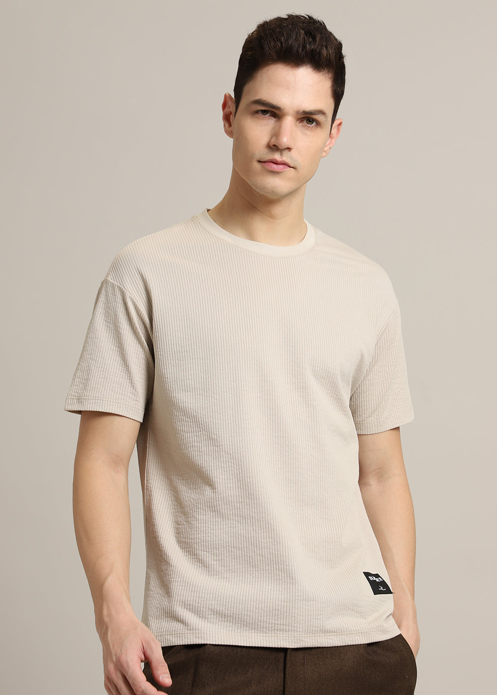 Beige Plain Ribbed Stripe Regular Fit T-shirt