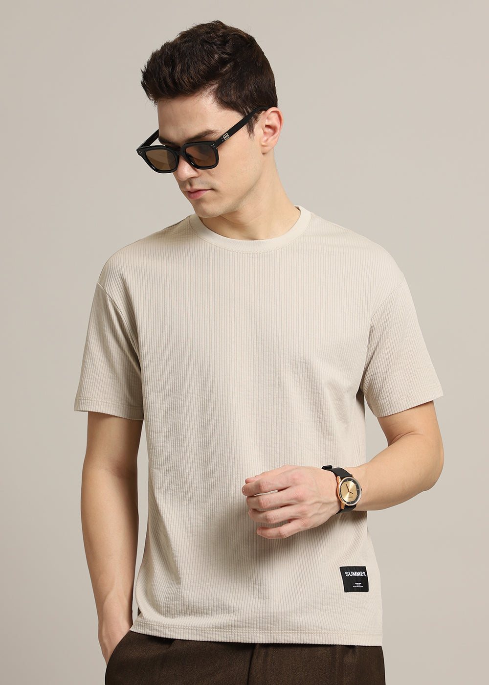 Beige Plain Ribbed Stripe Regular Fit T-shirt