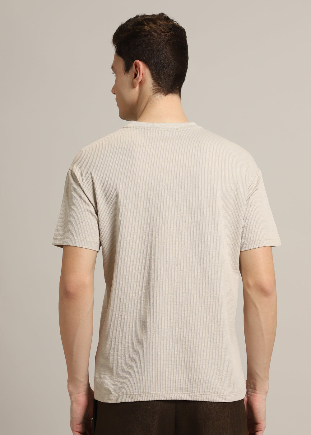 Beige Plain Ribbed Stripe Regular Fit T-shirt