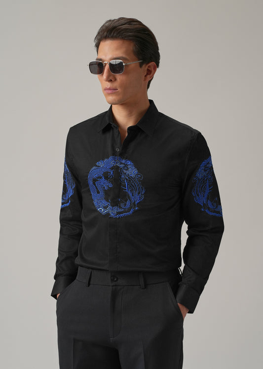 Black Dragon and Phoenix Embroidery Designer Shirt