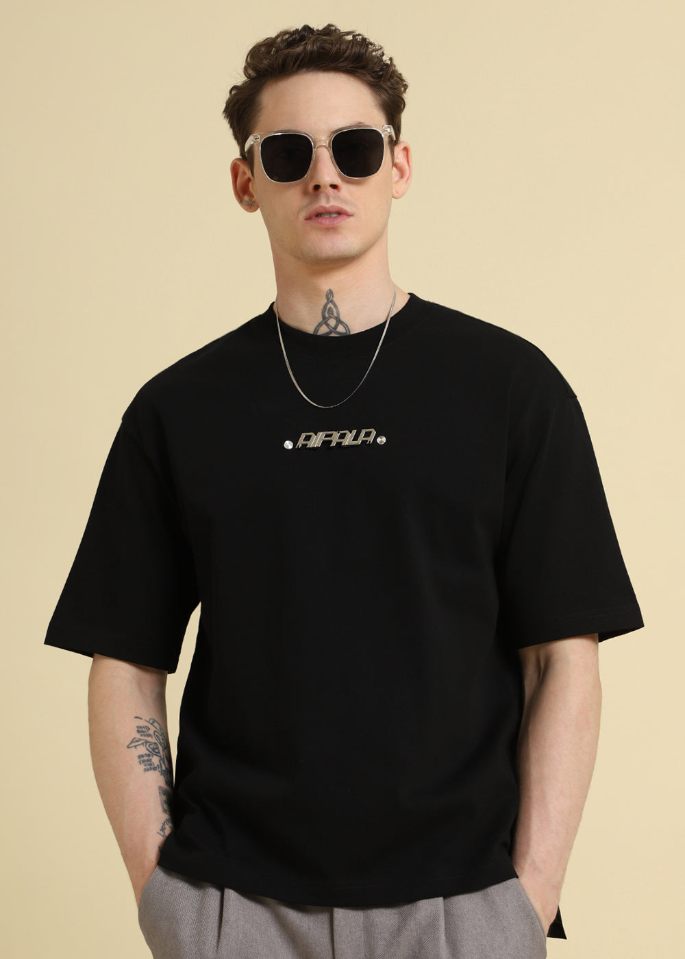 Black Plain Embellished Oversized T-Shirt
