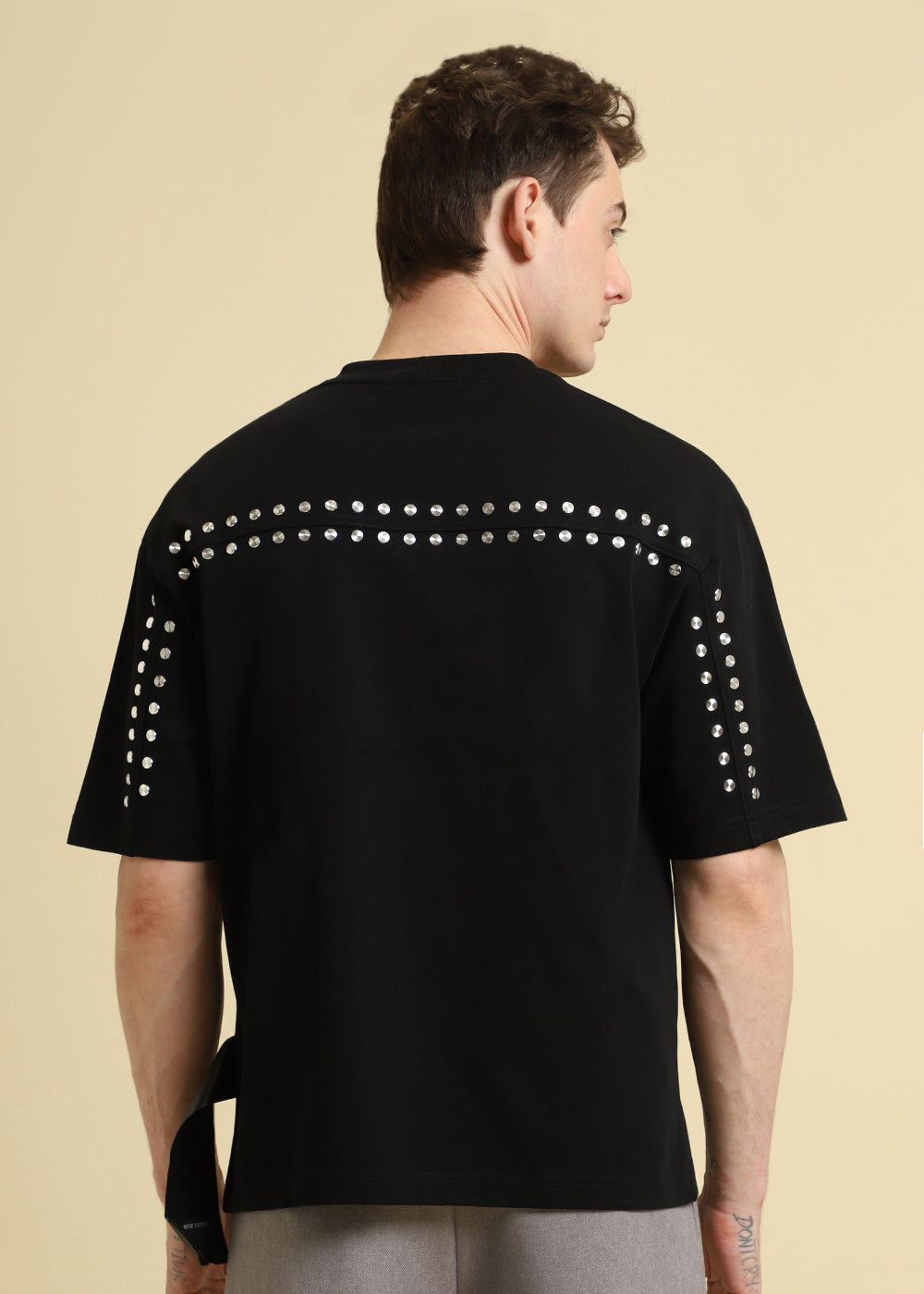 Black Plain Embellished Oversized T-Shirt