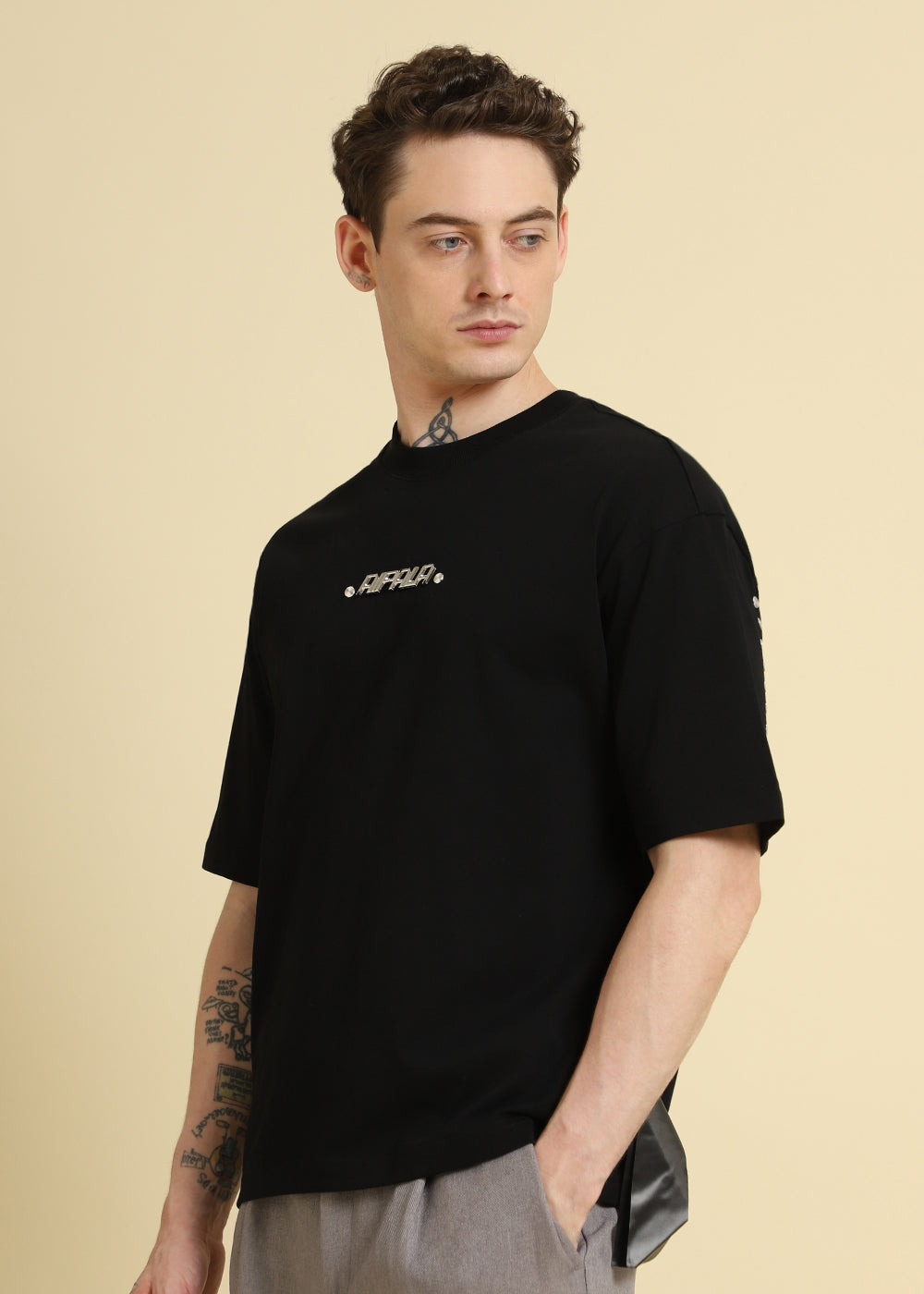 Black Plain Embellished Oversized T-Shirt