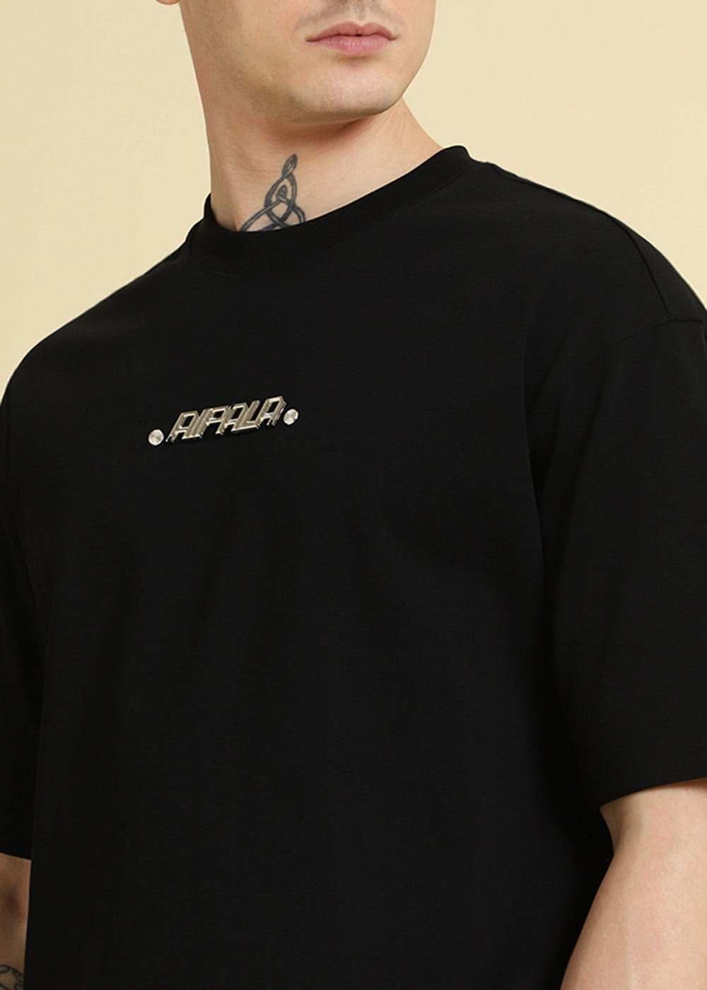 Black Plain Embellished Oversized T-Shirt