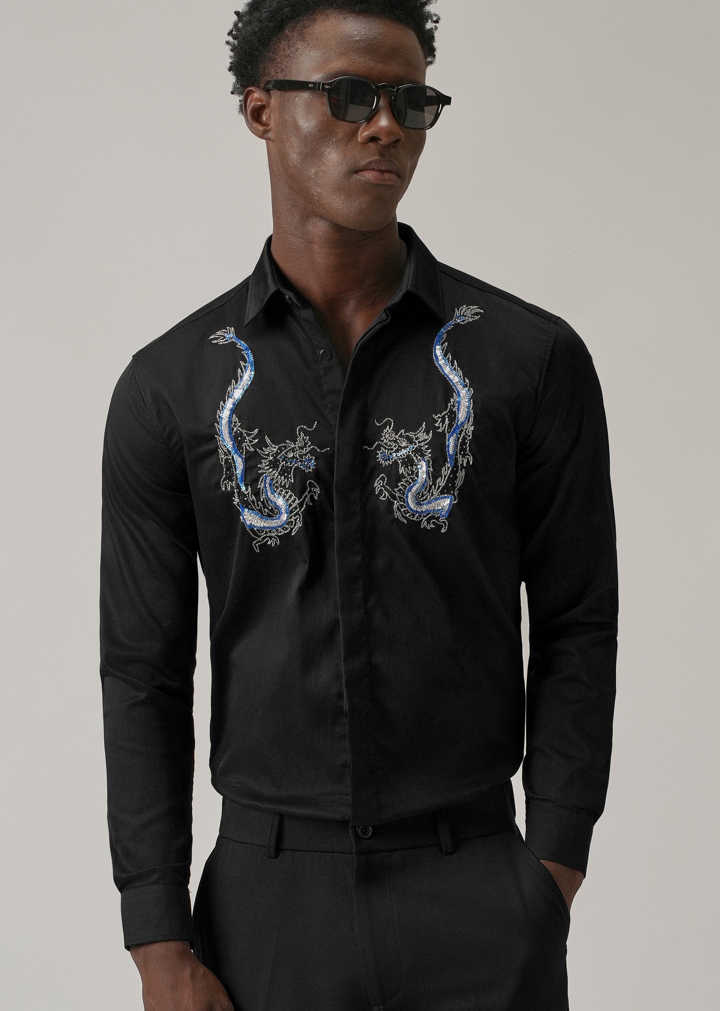 Black Handcrafted Dragon Designer Shirt