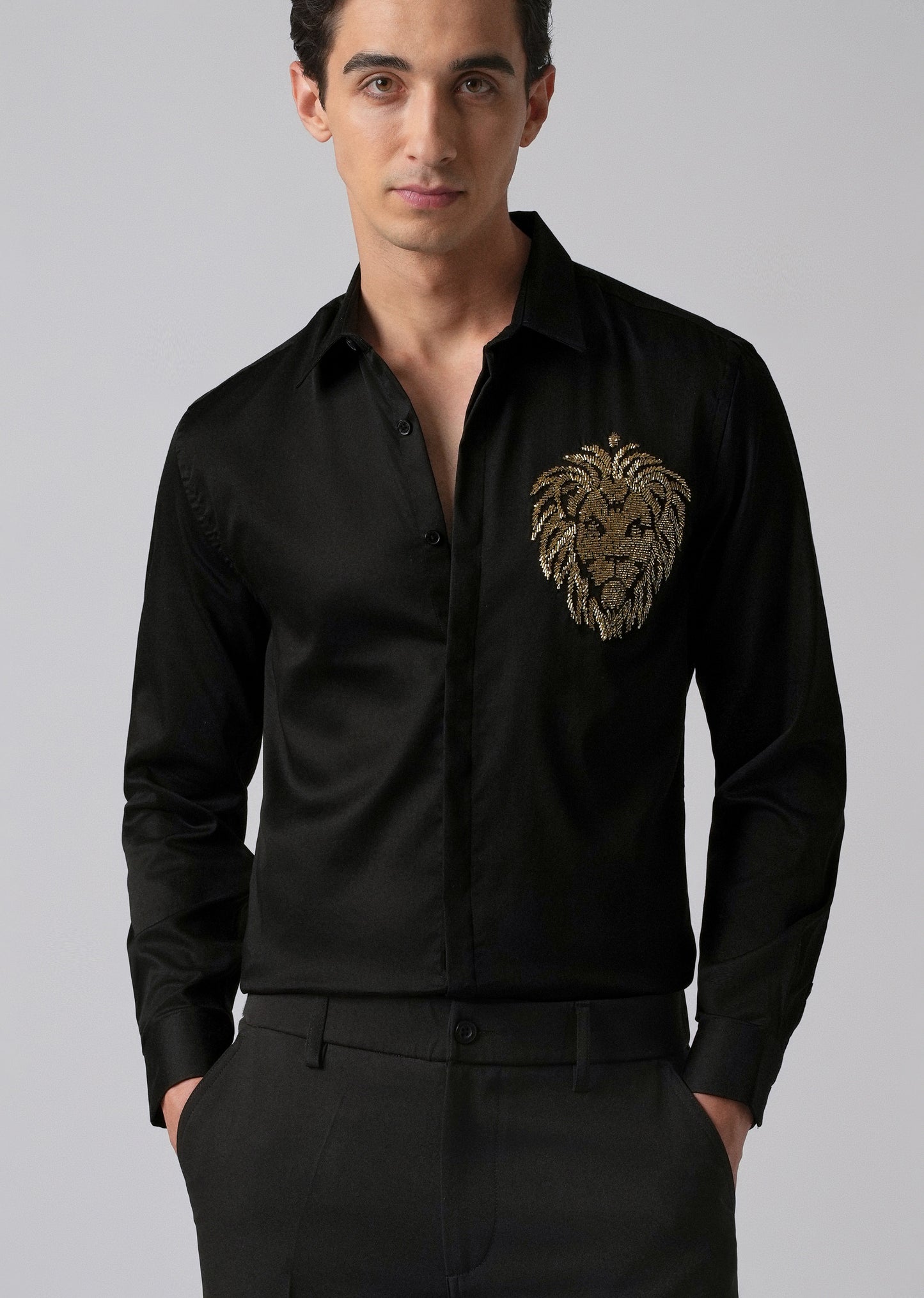 Black Handcrafted Lion Embroidery Designer Shirt