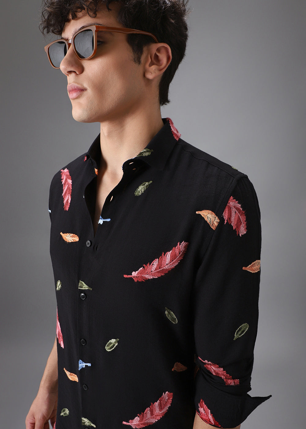Black Feather Leaf Embroidery Shirt