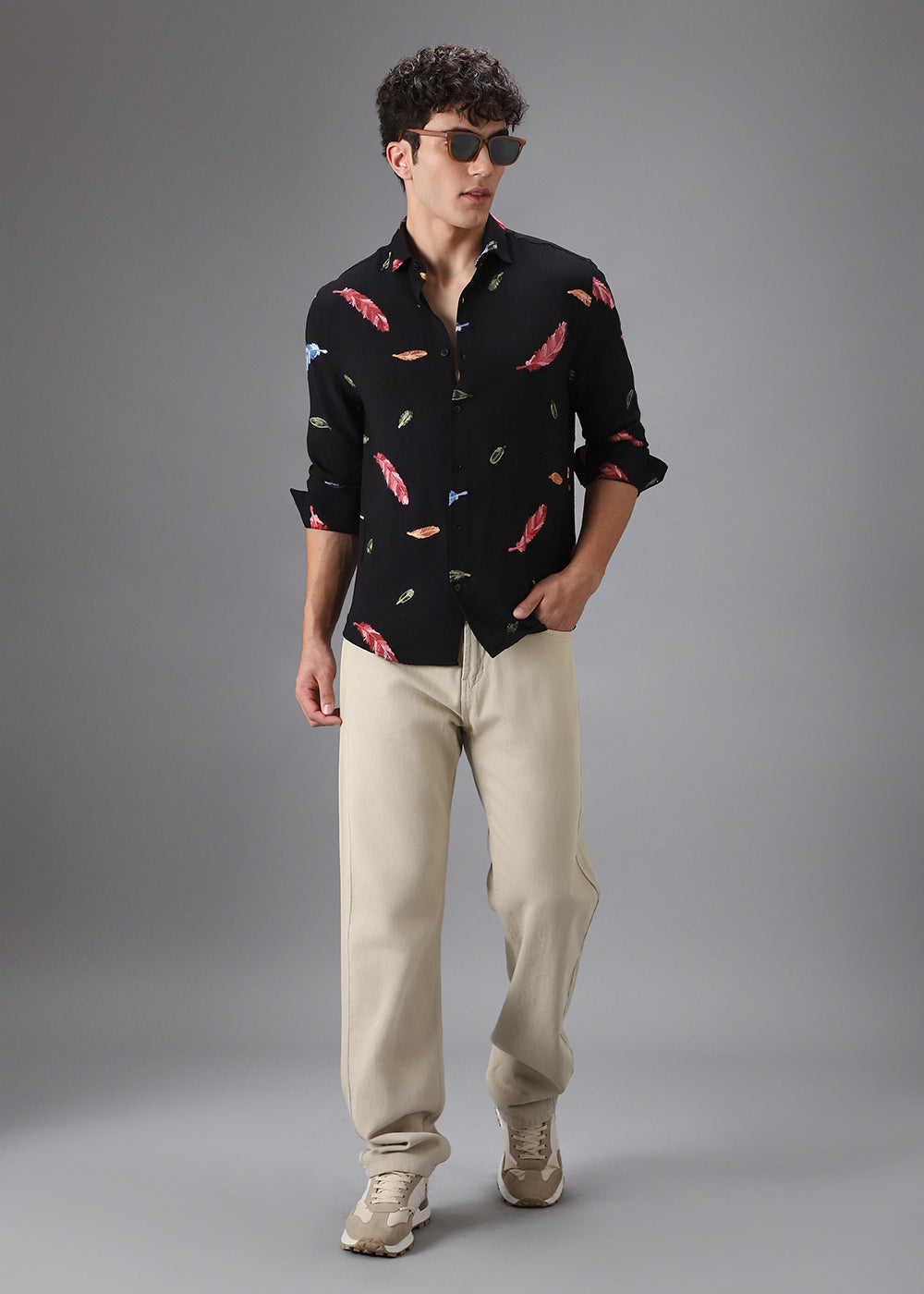 Black Feather Leaf Embroidery Shirt