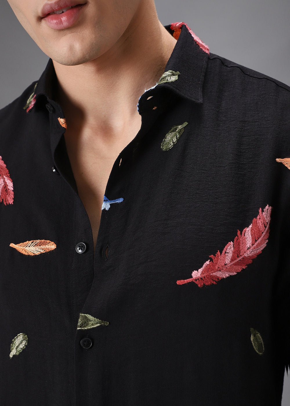 Black Feather Leaf Embroidery Shirt