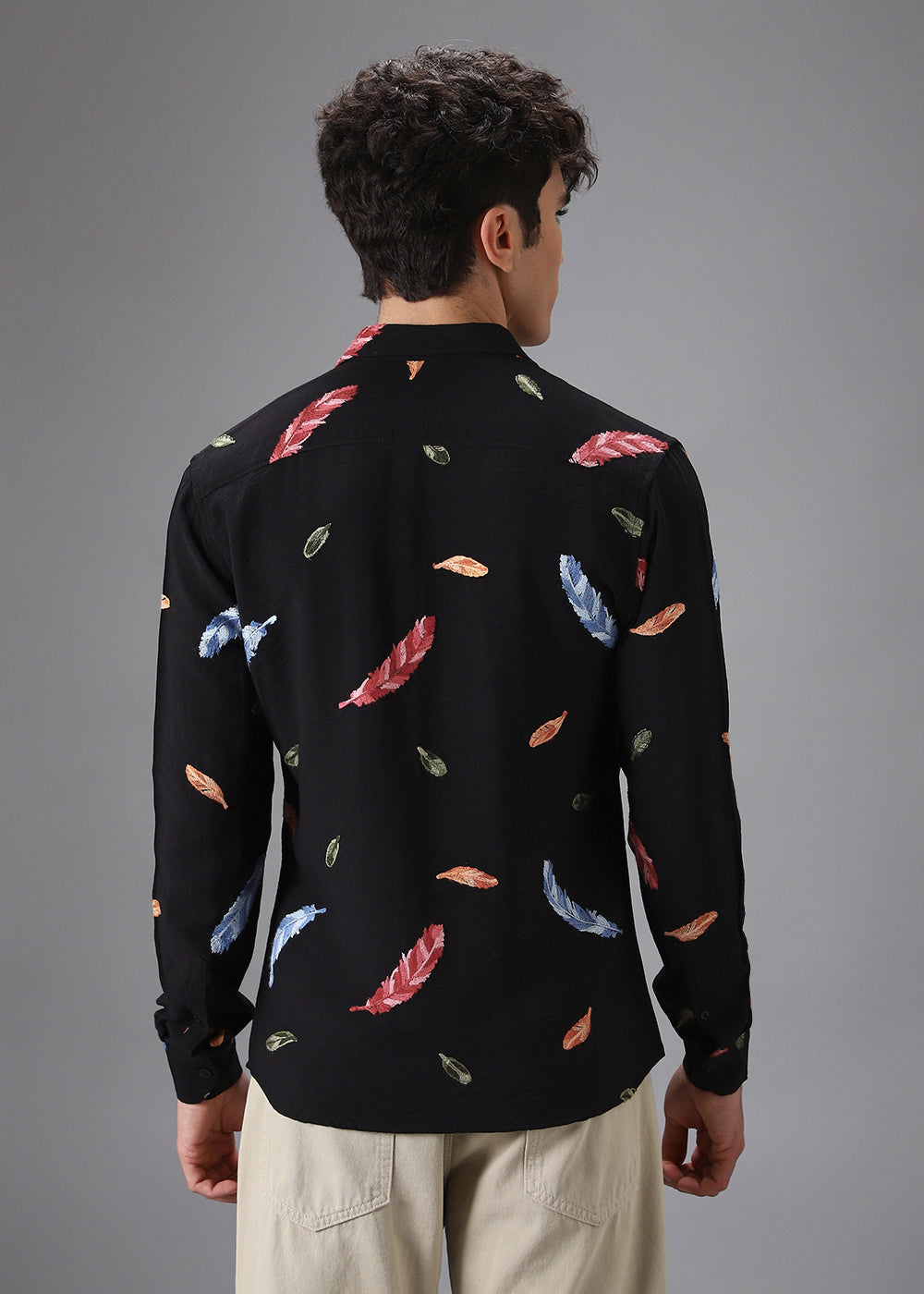 Black Feather Leaf Embroidery Shirt