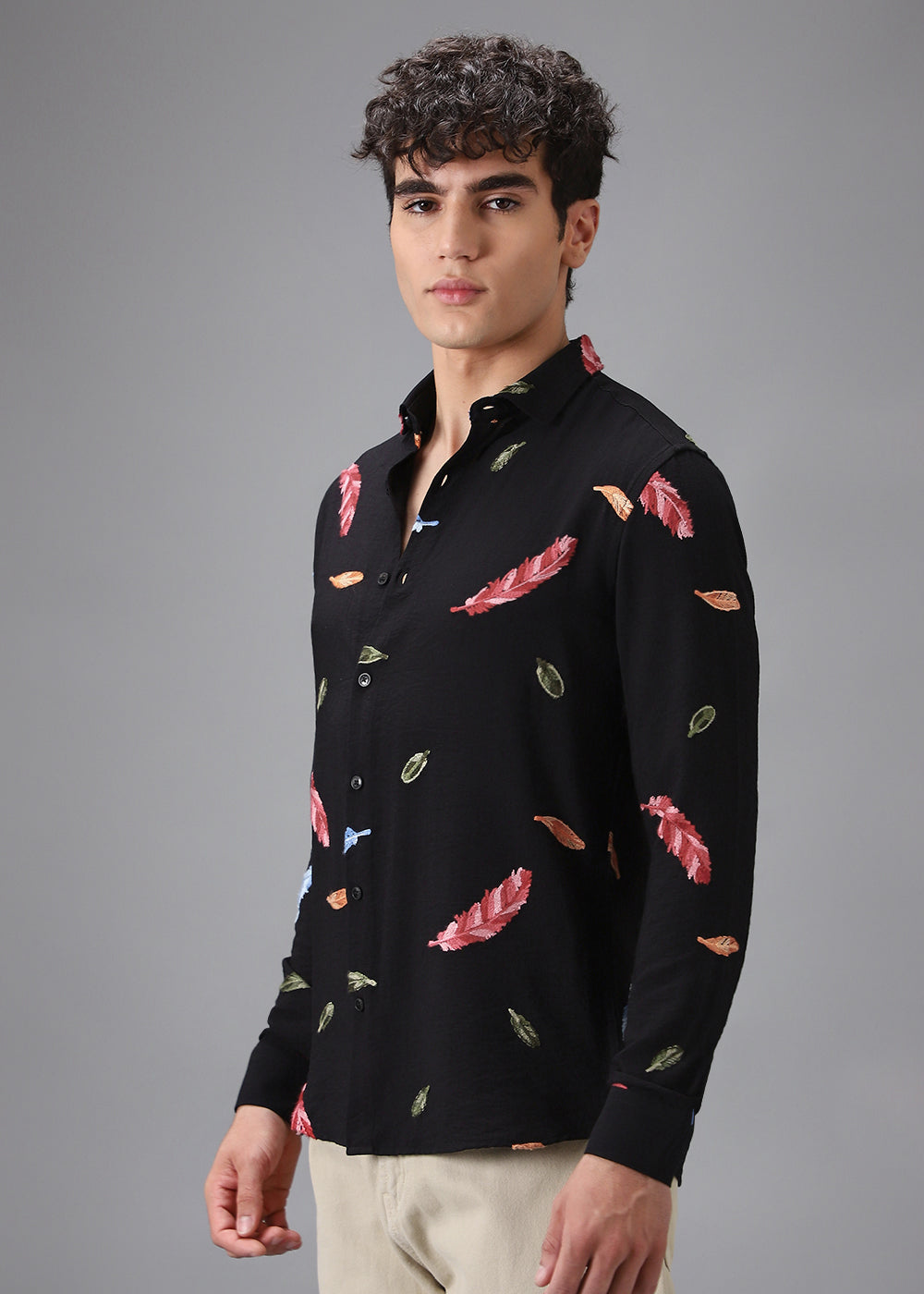 Black Feather Leaf Embroidery Shirt