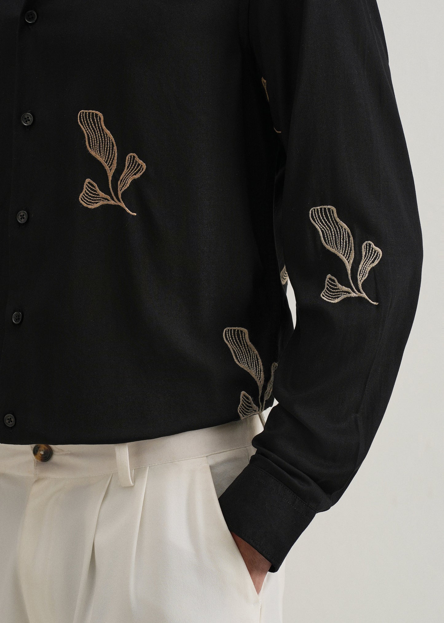 Black Leaf Motif Embroidery Shirt