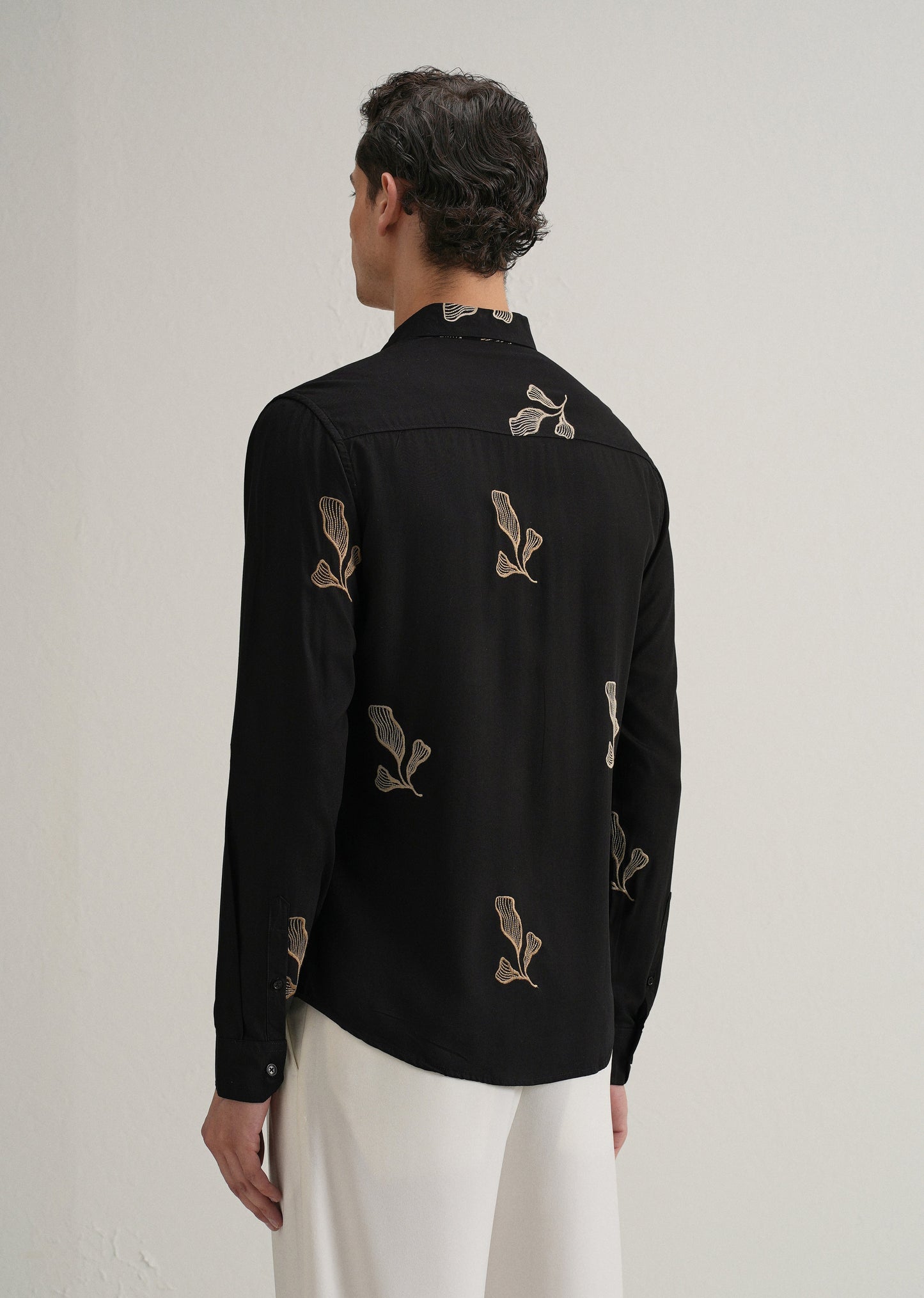 Black Leaf Motif Embroidery Shirt