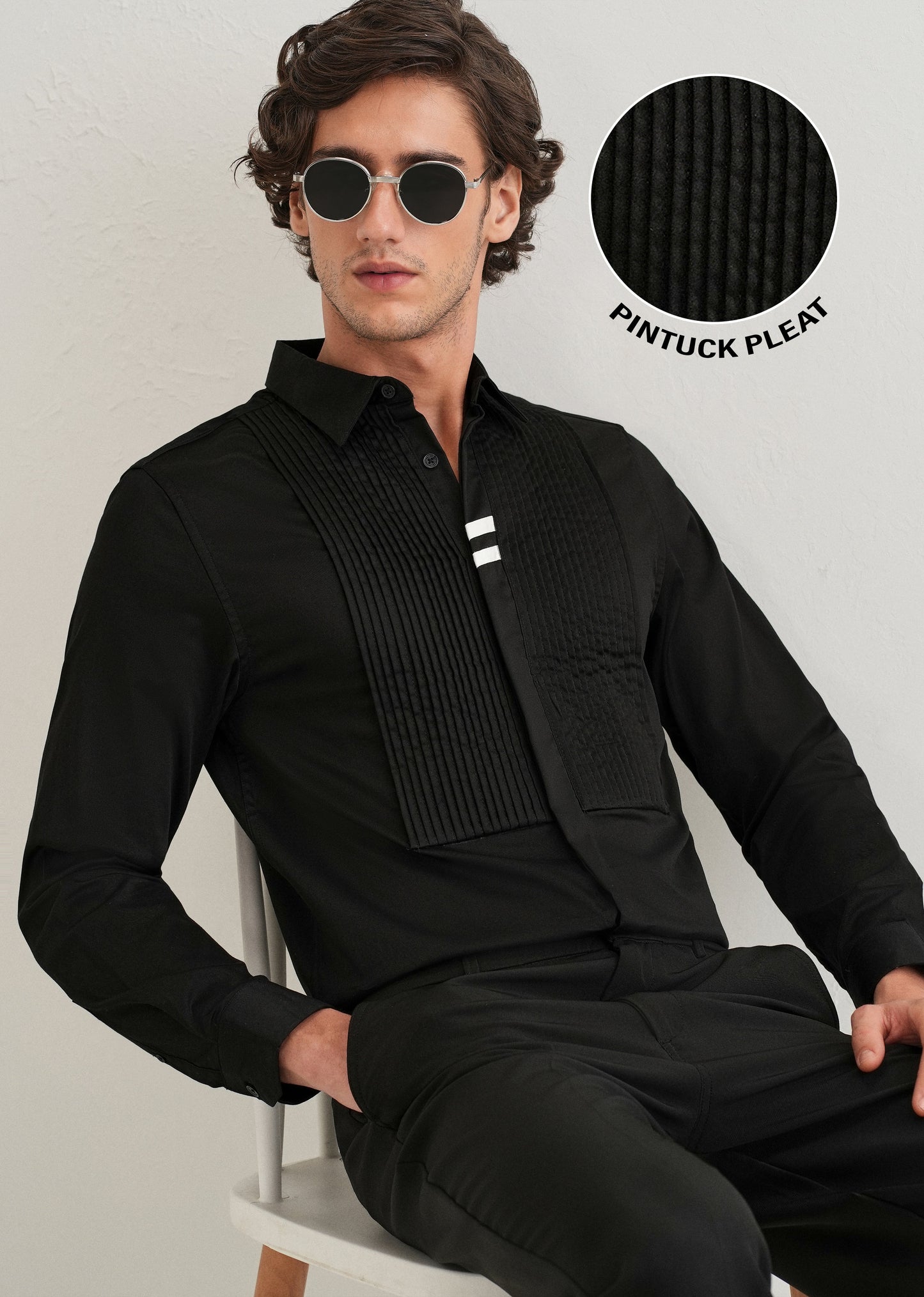 Black Pintuck Pleat Designer Shirt