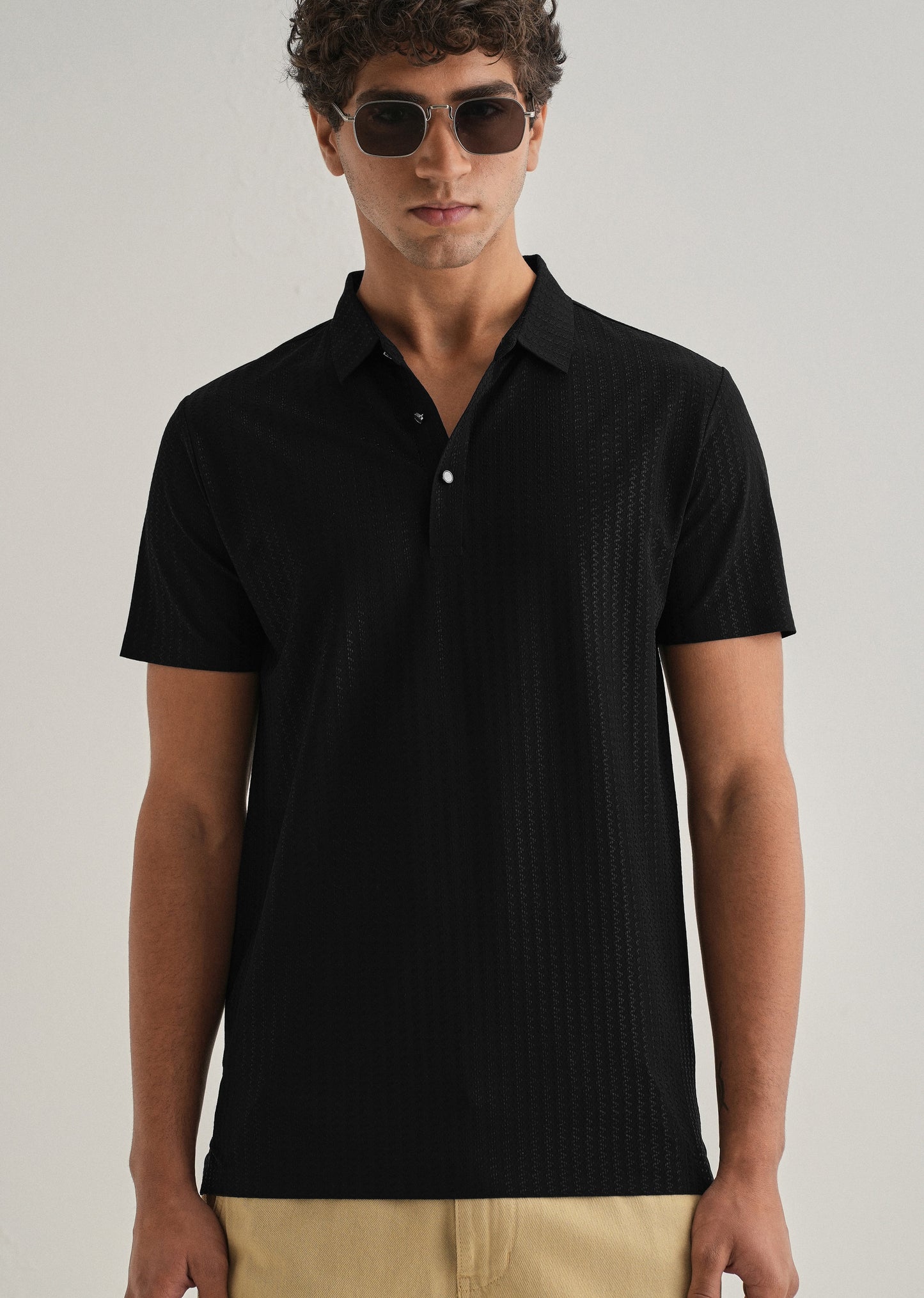 Black Polo Collar Printed Seamless T-shirt