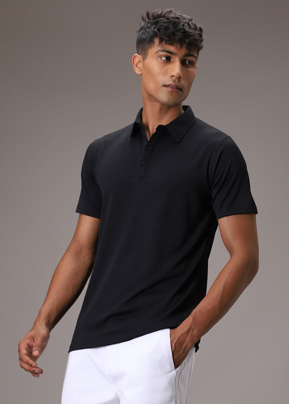 Black Plain Ribbed Polo T-shirt