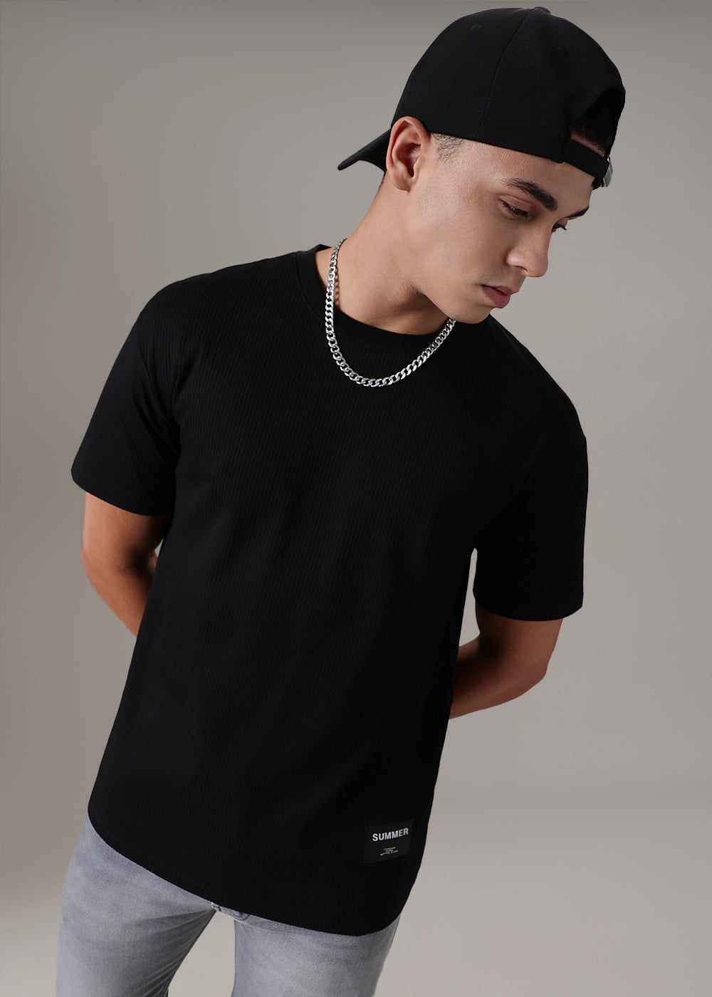 Black Plain Ribbed Regular Fit T-shirt