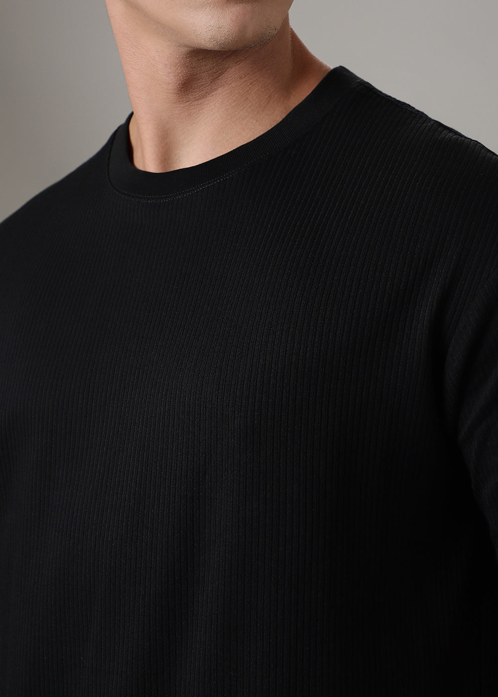 Black Plain Ribbed Regular Fit T-shirt