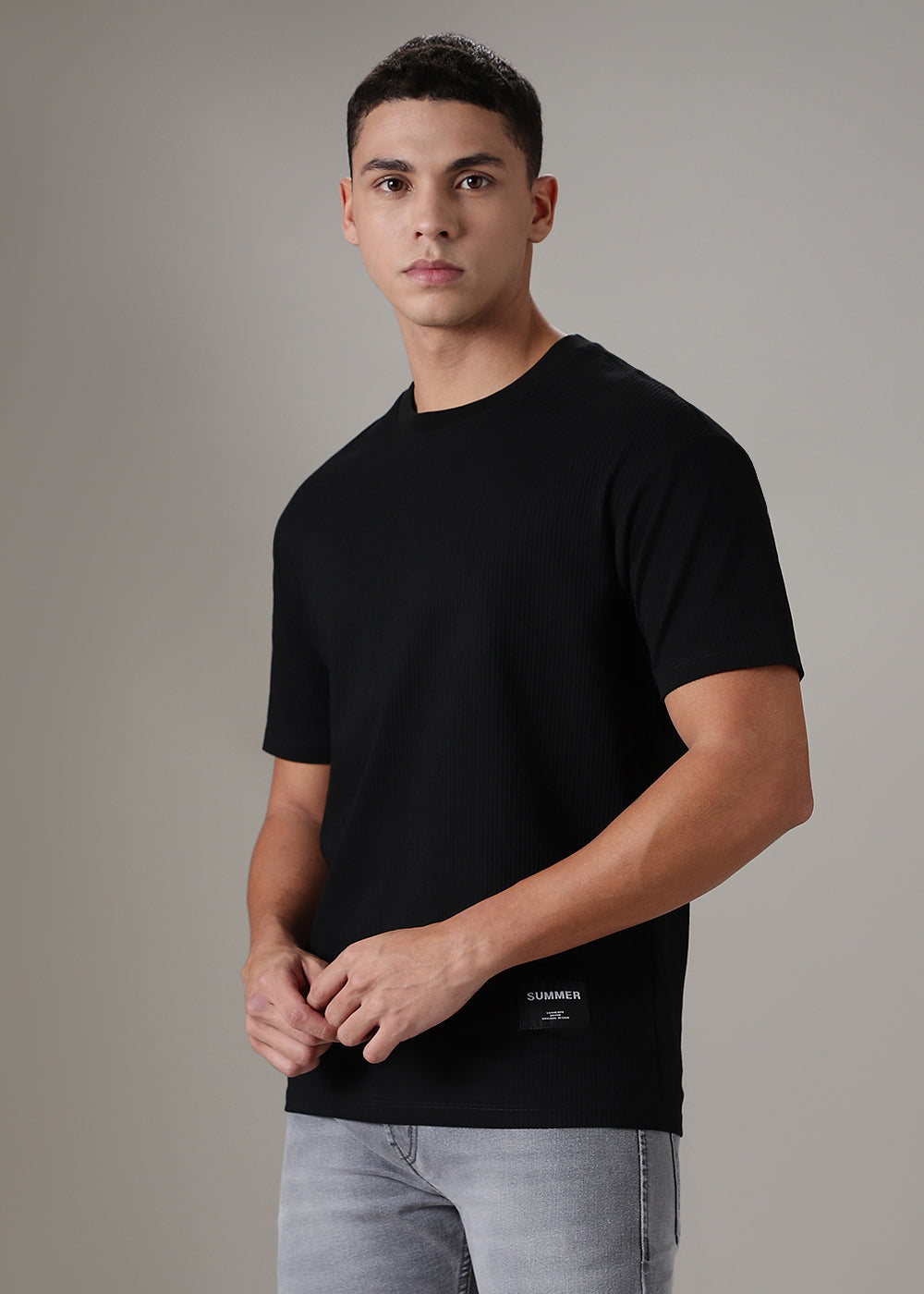 Black Plain Ribbed Regular Fit T-shirt